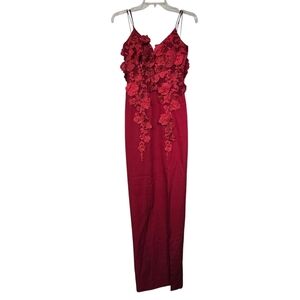 NWT Bariano Floral Applique Red Maxi Front Slit Sleeveless V Neck Dress XS